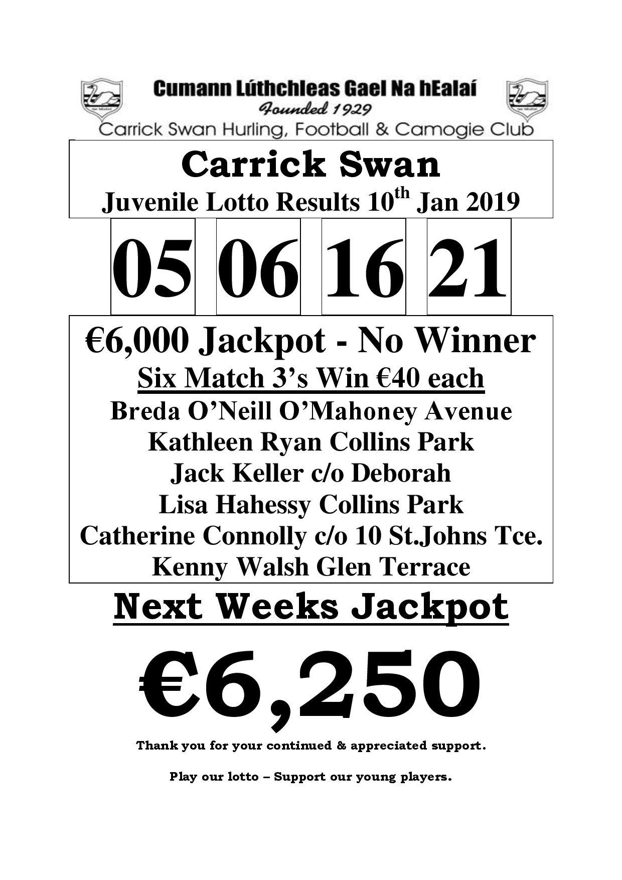 lotto results jan 6 2019