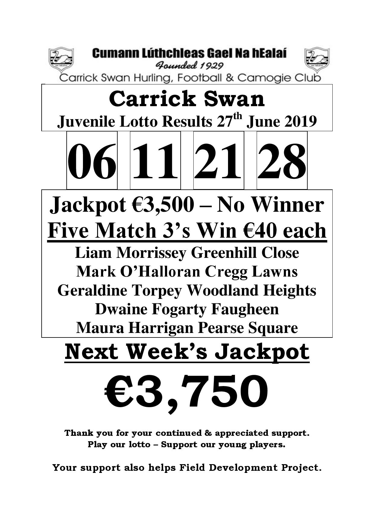 lotto results for 29th june 2019