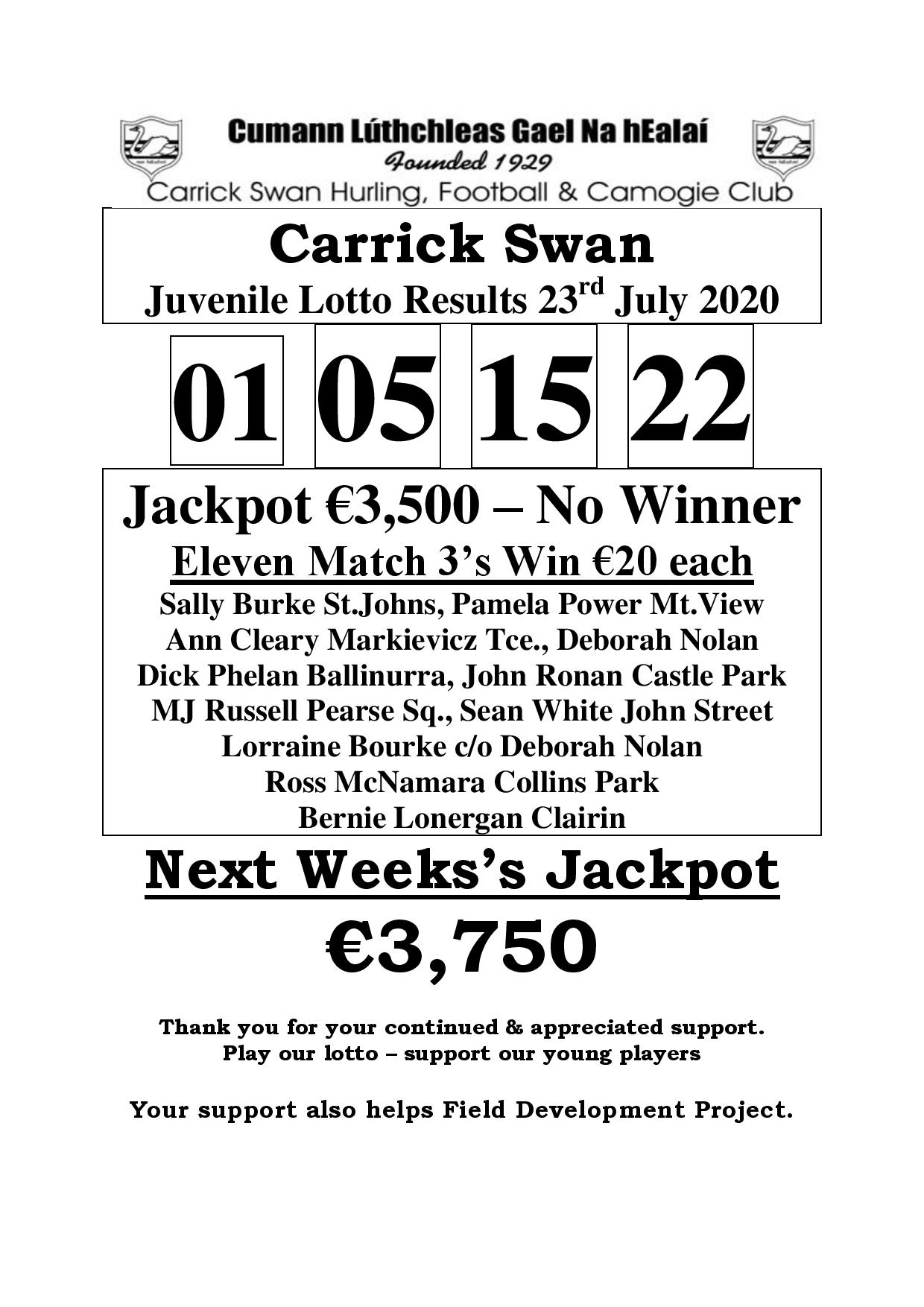 Lotto Results 23 07 Carrick Swan Hurling Football Camogie Club